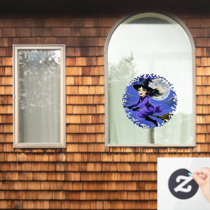 Witch flying of a broom - Wicca Halloween 7 Window Cling