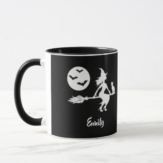 Witch Flying On A Broom Black And White With Name Mug