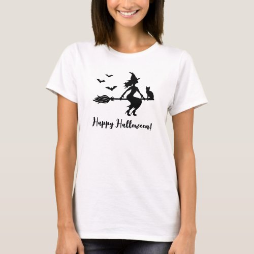 Witch Flying On A Broom Happy Halloween Text T_Shirt