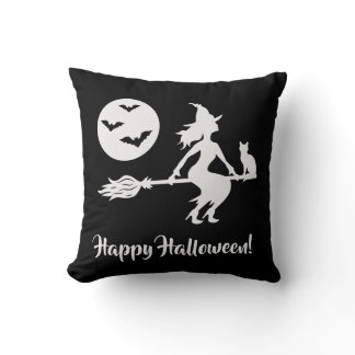 Witch Flying On A Broom Simple Black And White Throw Pillow