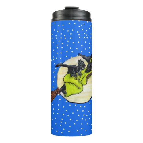 Witch Flying on Broom Black Cat Full Moon Stars Thermal Tumbler