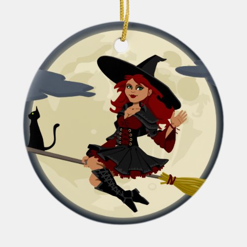 Witch Flying on Broom Ceramic Ornament