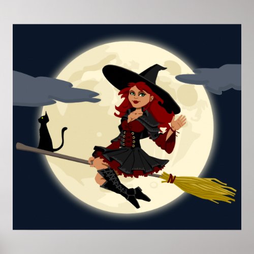 Witch Flying on Broom Poster