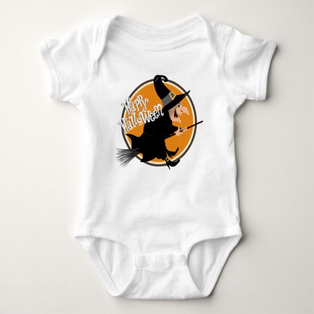 Witch Flying on Broomstick Happy Halloween Baby Bodysuit (Front)