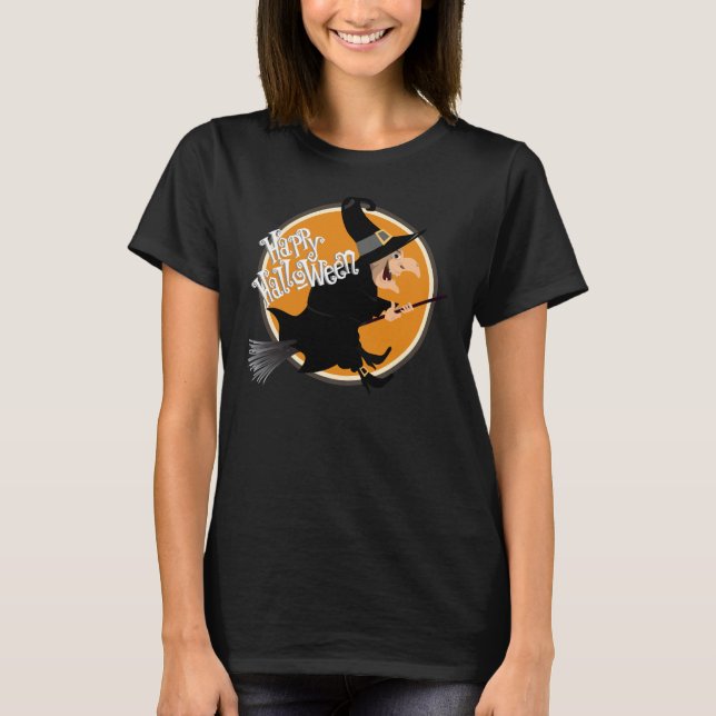 Witch Flying on Broomstick Happy Halloween T-Shirt (Front)