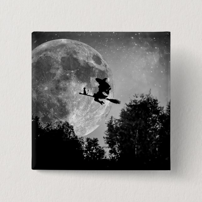 Witch flying on the broom with her cat button (Front)