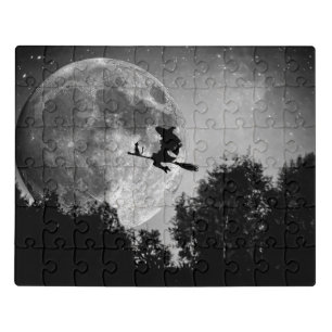 Witch flying on the broom with her cat jigsaw puzzle