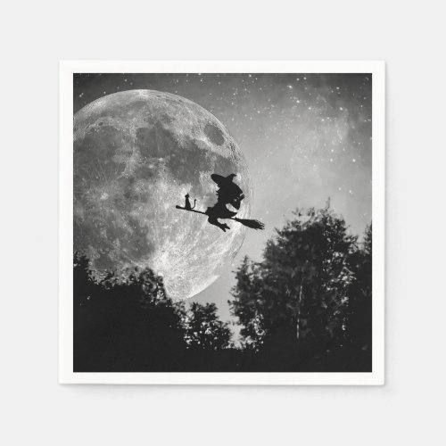 Witch flying on the broom with her cat napkins