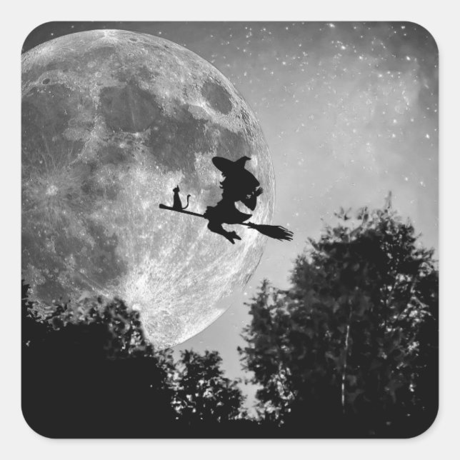 Witch flying on the broom with her cat square sticker (Front)