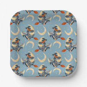 Witch flying on the cresent moon paper plates