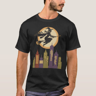 Witch Flying Over a Retro Cityscape T-Shirt