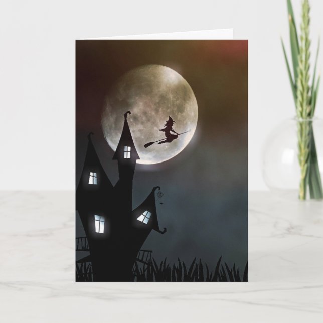 Witch Flying Over Haunted House Halloween Card (Front)