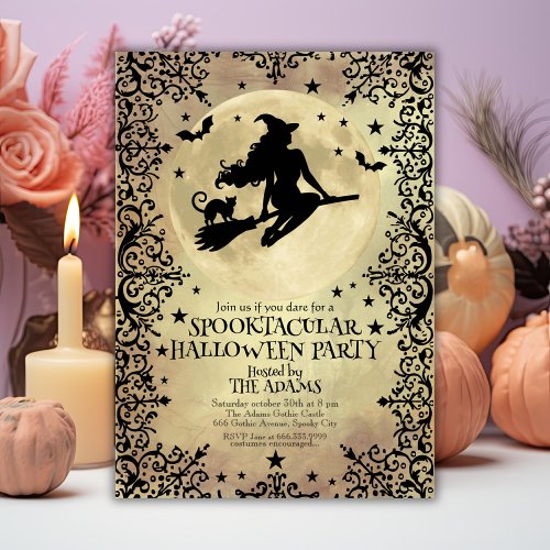 Witch Flying over the Stars Adult Halloween Party Invitation