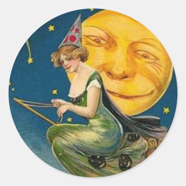 Witch Flying Past Moon - Halloween Sticker (Front)