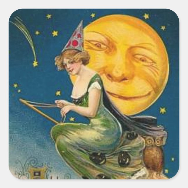 Witch Flying Past Moon - Halloween Sticker (Front)