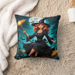 Witch flying through a moonlit night with bats throw pillow
