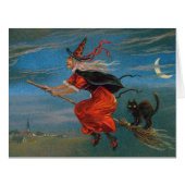 Witch Flying with Black Cat on Halloween Night (Front Horizontal)
