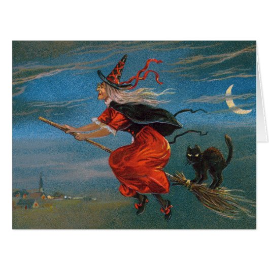 Witch Flying with Black Cat on Halloween Night (Front Horizontal)