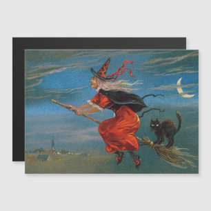 Witch Flying with Black Cat on Halloween Night