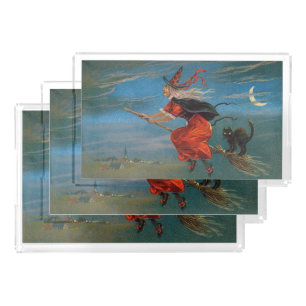 Witch Flying with Black Cat on Halloween Night Acrylic Tray