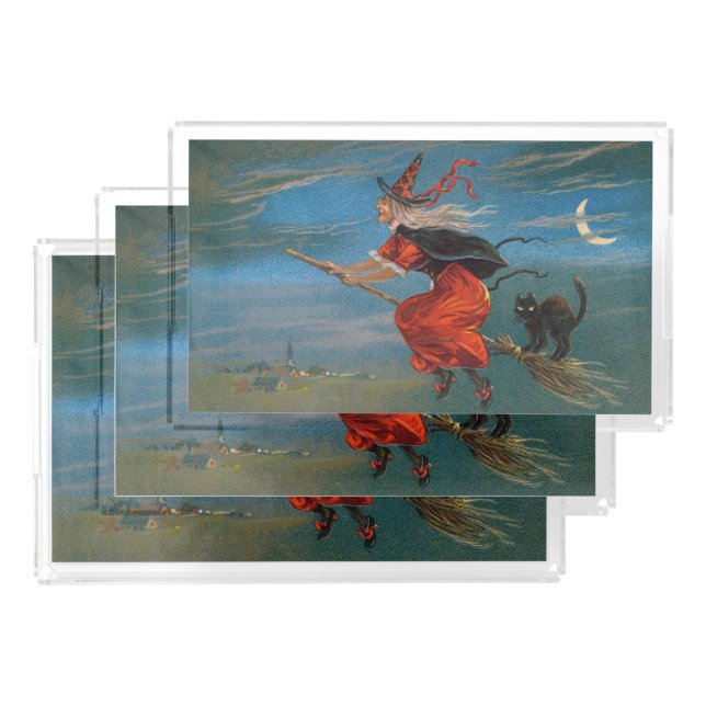 Witch Flying with Black Cat on Halloween Night  Acrylic Tray (Set)