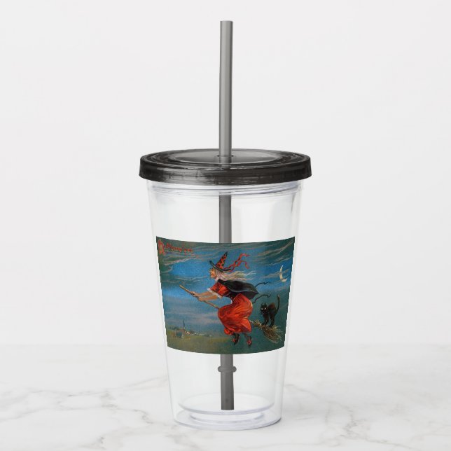 Witch Flying with Black Cat on Halloween Night  Acrylic Tumbler (Front)