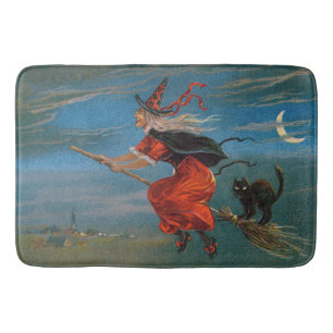 Witch Flying with Black Cat on Halloween Night Bath Mat