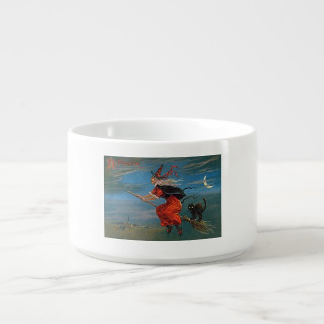 Witch Flying with Black Cat on Halloween Night  Bowl (Center)