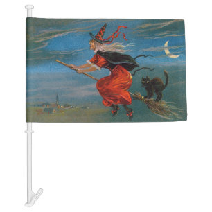 Witch Flying with Black Cat on Halloween Night Car Flag