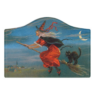 Witch Flying with Black Cat on Halloween Night Door Sign