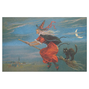 Witch Flying with Black Cat on Halloween Night  Fabric