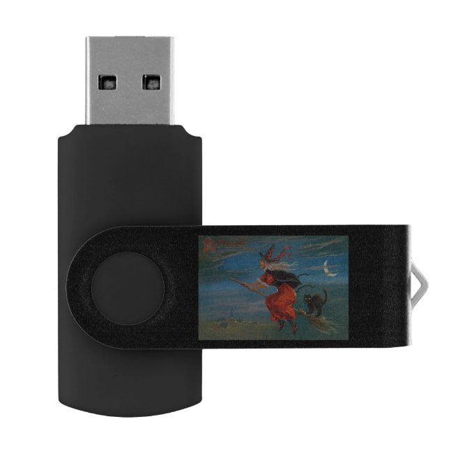 Witch Flying with Black Cat on Halloween Night  Flash Drive (Opened)