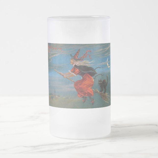 Witch Flying with Black Cat on Halloween Night  Frosted Glass Beer Mug (Center)