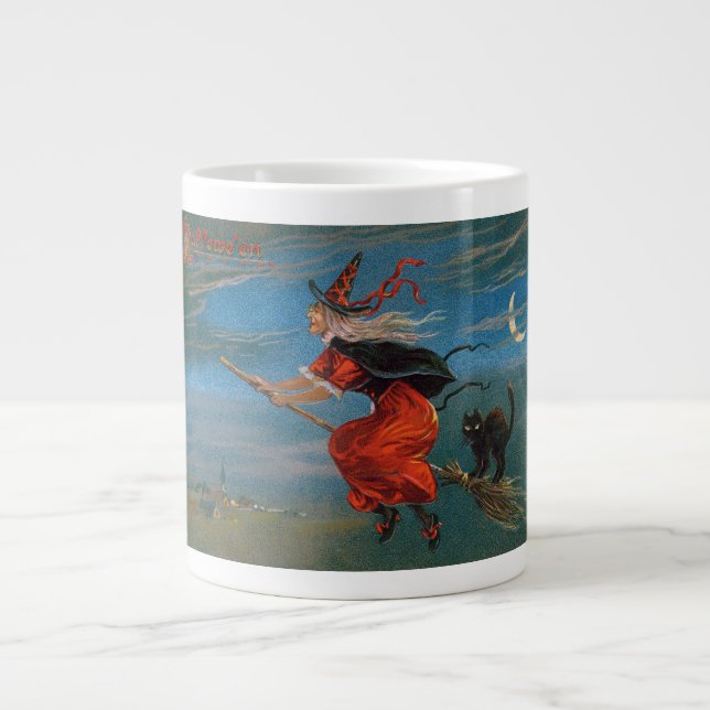 Witch Flying with Black Cat on Halloween Night  Giant Coffee Mug (Front)