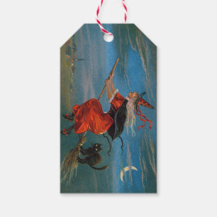 Witch Flying with Black Cat on Halloween Night  Gift Tags