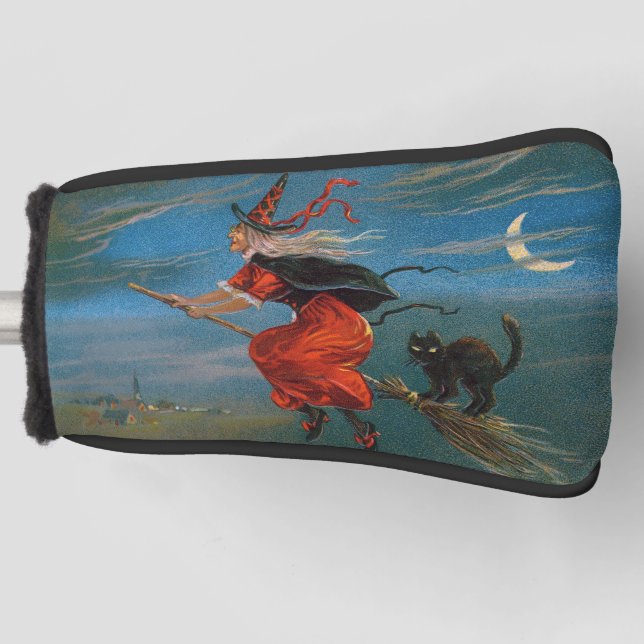 Witch Flying with Black Cat on Halloween Night  Golf Head Cover (Front)