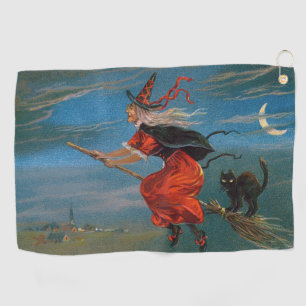 Witch Flying with Black Cat on Halloween Night  Golf Towel