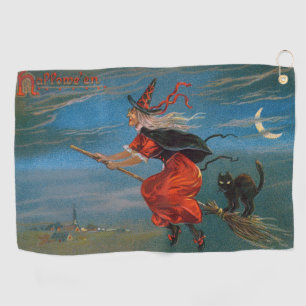 Witch Flying with Black Cat on Halloween Night Golf Towel
