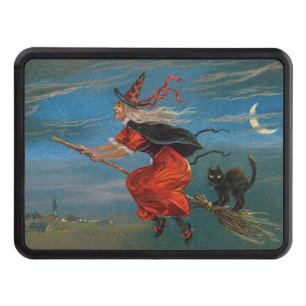 Witch Flying with Black Cat on Halloween Night Hitch Cover