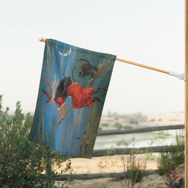 Witch Flying with Black Cat on Halloween Night  House Flag (Insitu (Back))