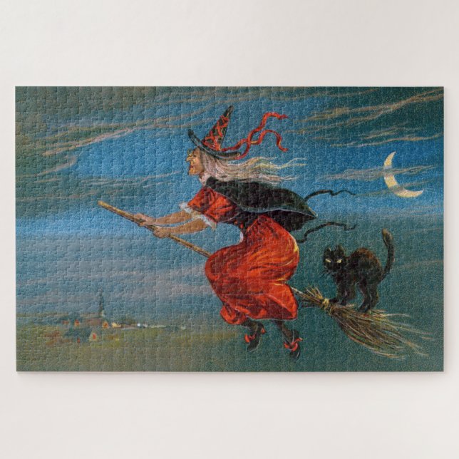 Witch Flying with Black Cat on Halloween Night  Jigsaw Puzzle (Horizontal)