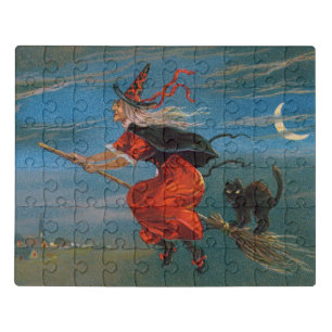 Witch Flying with Black Cat on Halloween Night Jigsaw Puzzle