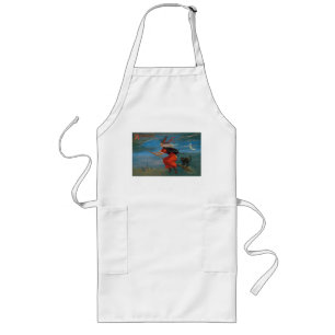 Witch Flying with Black Cat on Halloween Night  Long Apron