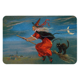 Witch Flying with Black Cat on Halloween Night  Magnet
