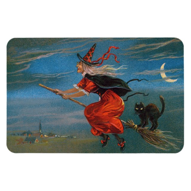 Witch Flying with Black Cat on Halloween Night  Magnet (Horizontal)