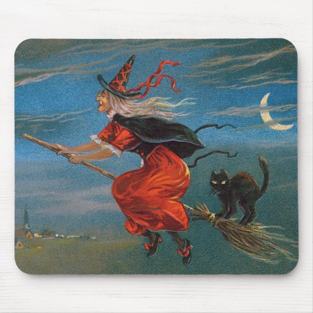 Witch Flying with Black Cat on Halloween Night  Mouse Pad (Front)