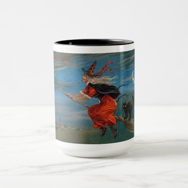 Witch Flying with Black Cat on Halloween Night  Mug (Center)