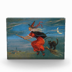 Witch Flying with Black Cat on Halloween Night Photo Block