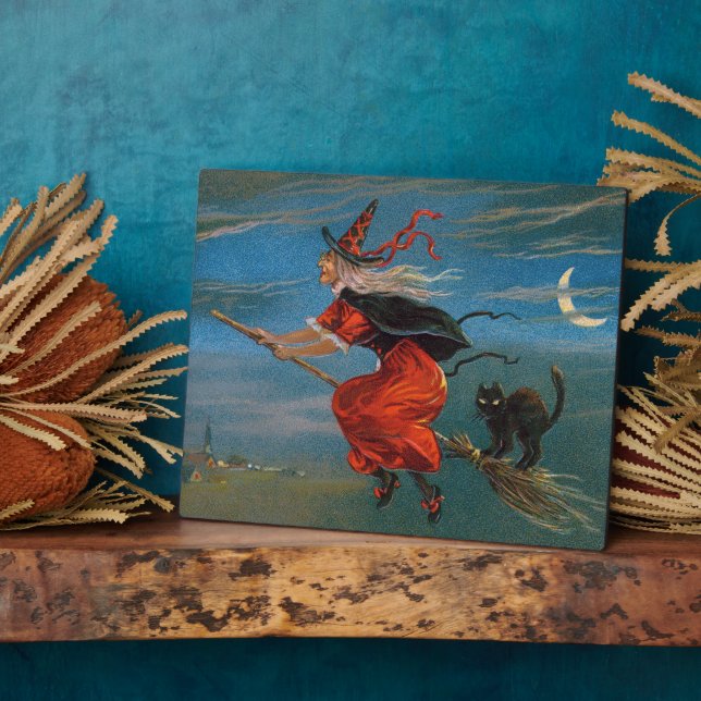 Witch Flying with Black Cat on Halloween Night  Plaque (Side)