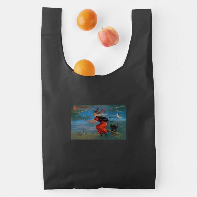 Witch Flying with Black Cat on Halloween Night  Reusable Bag (Insitu)